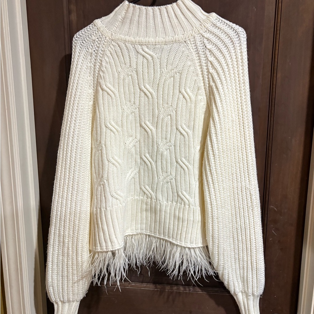 Cable Knit Cream Feather-Hem Sweater - Women